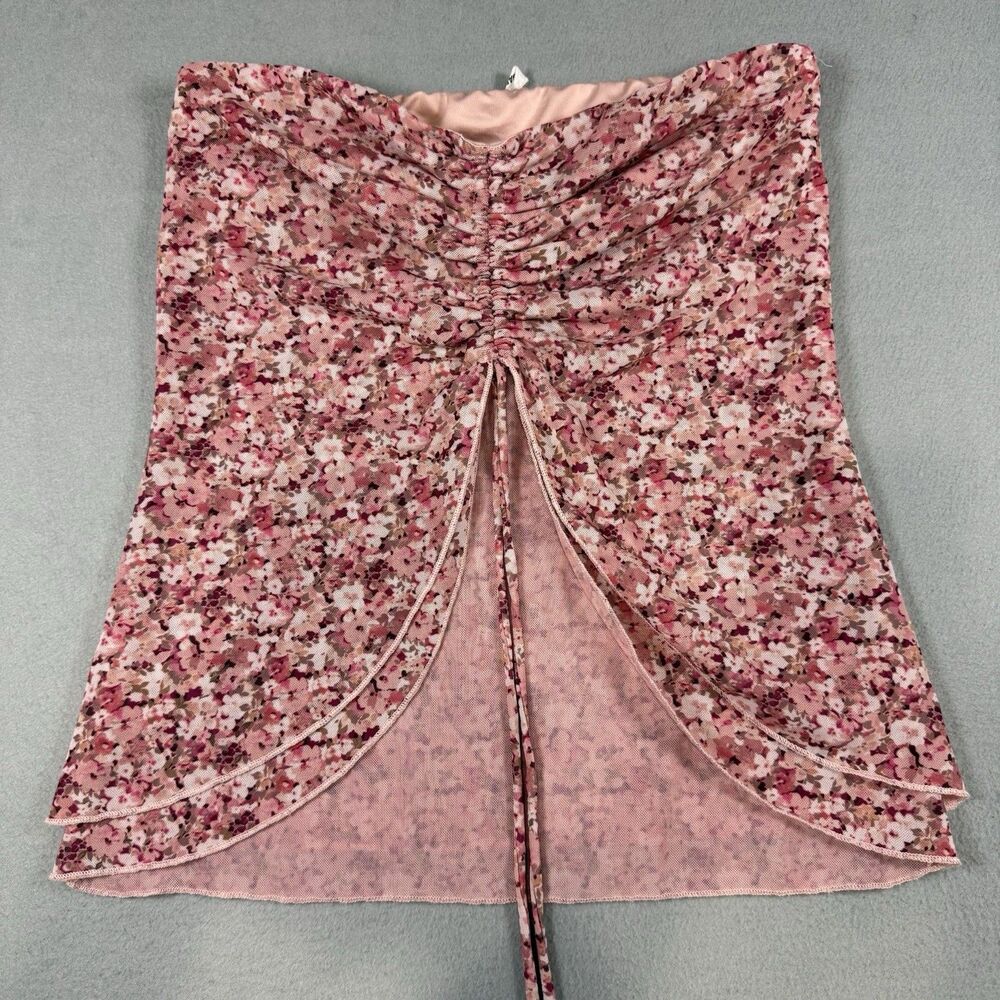 Garage Juniors Pink Floral Mesh Ruched Split Front Tie Tube Top Strapless
